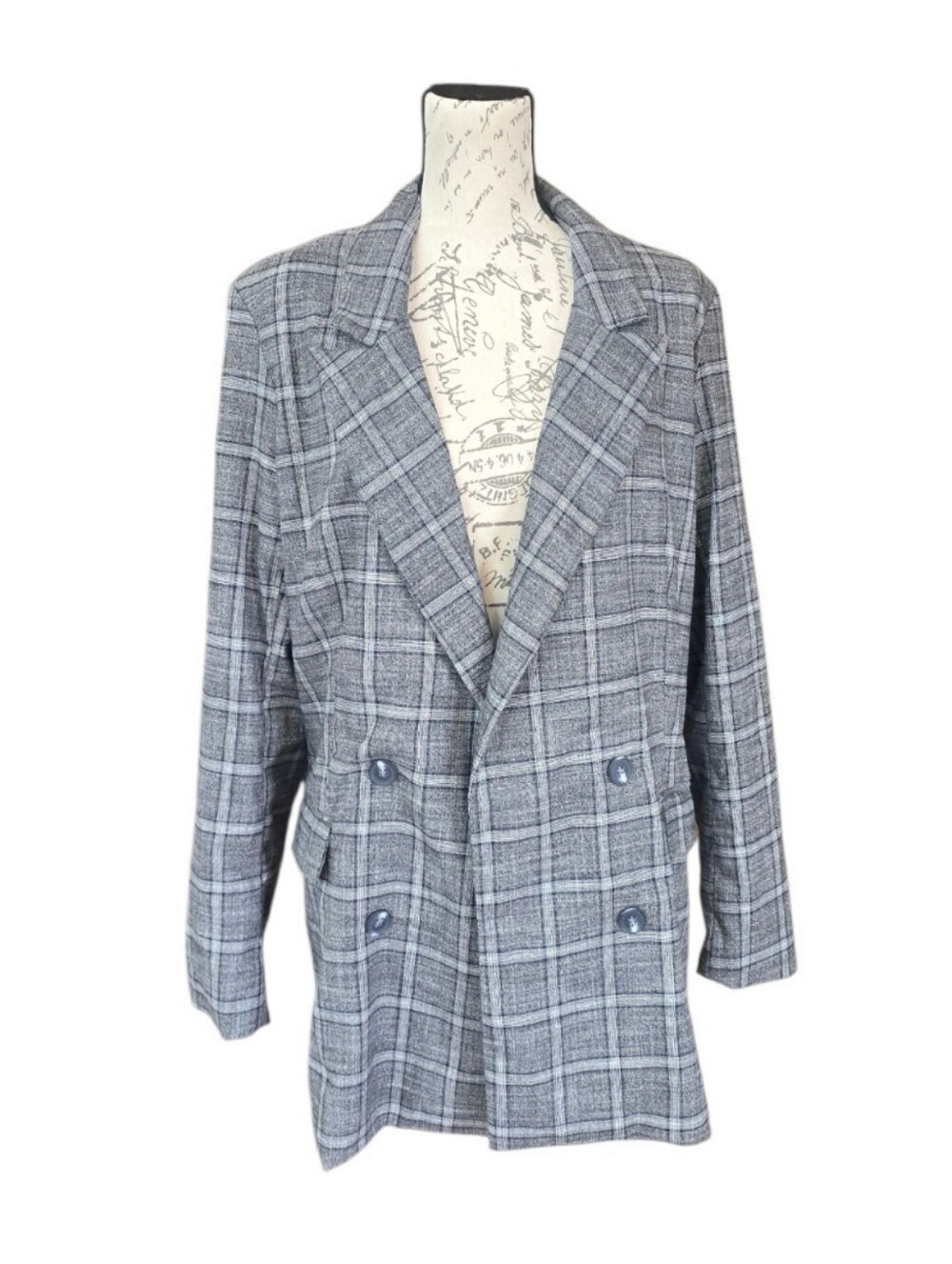 Rachel Zoe Double Breasted Blue Gray Plaid Boyfriend Blazer XL